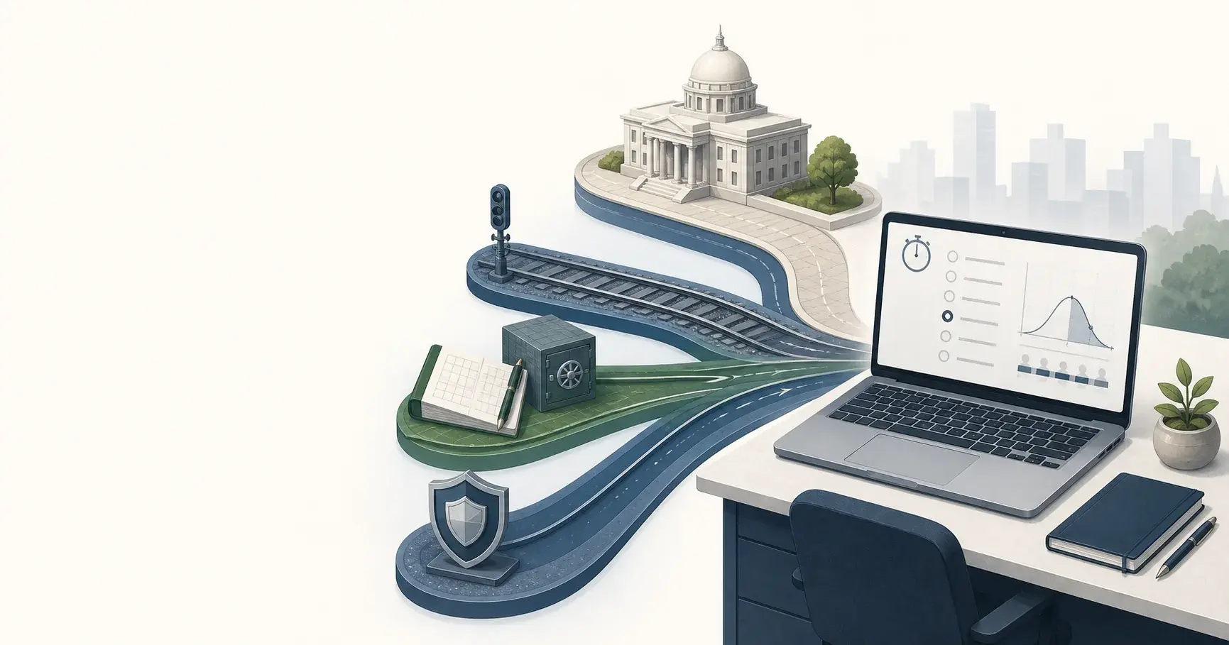 Illustration of railway, banking and public service paths leading to an online mock test