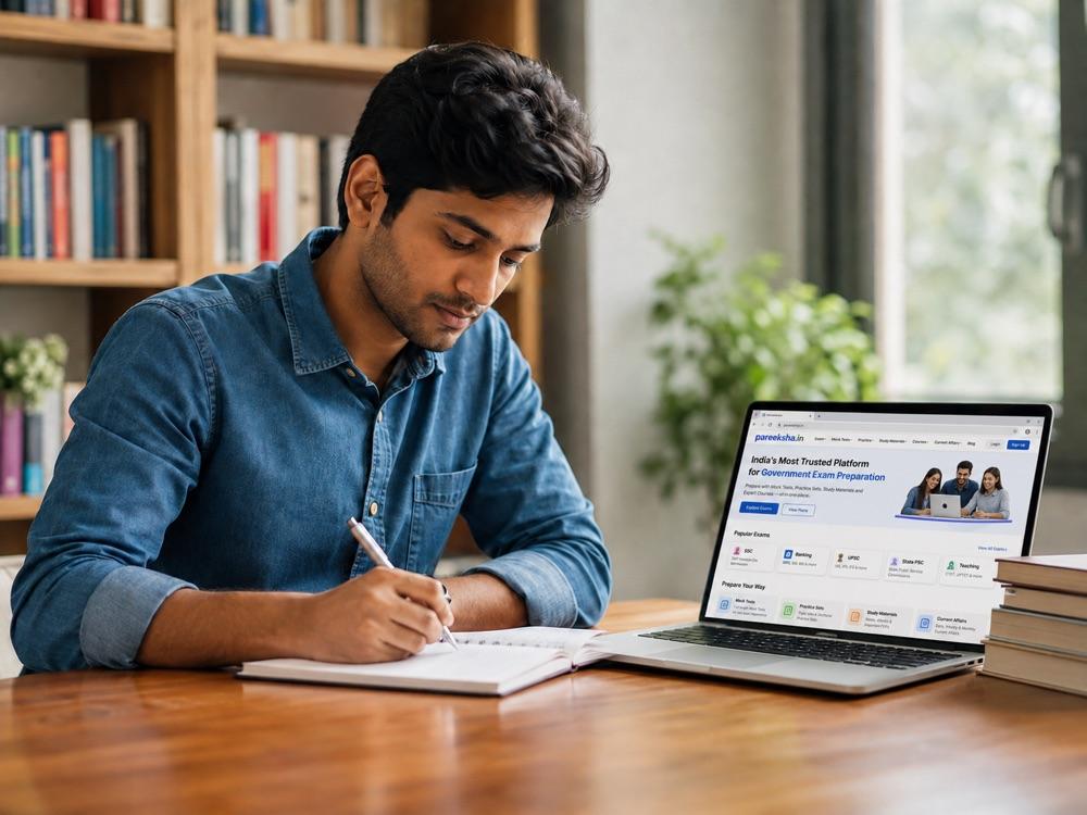 A student preparing for competitive exams with Pareeksha open on his laptop